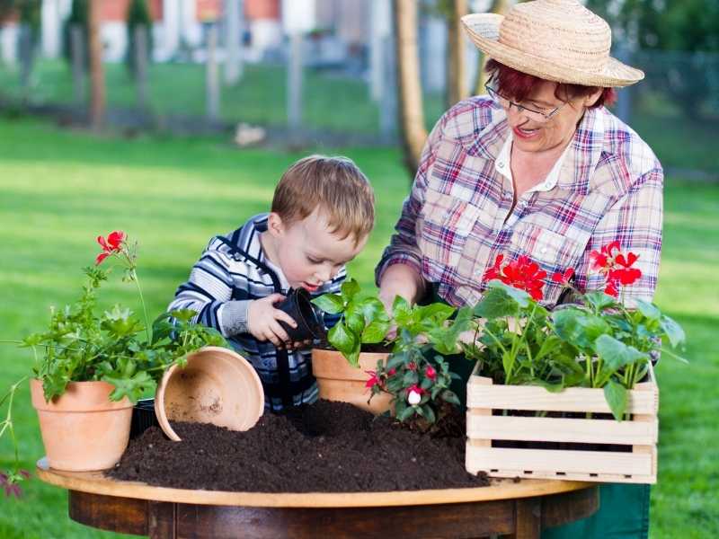 A woman and a kid repotting plants - Featured image for " Garden gifts for grandma" post.
