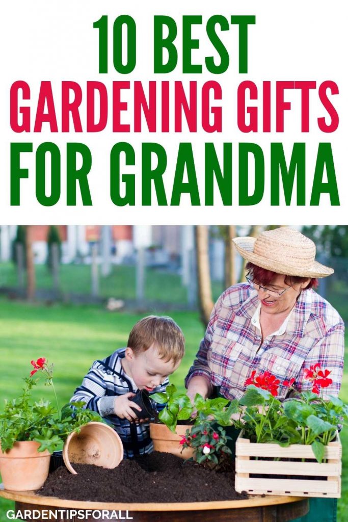 An older woman and a child repotting plants with text that says, " Gardening gifts for grandma" .