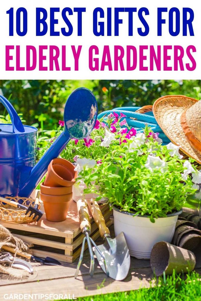 Watering can and other gardening tools with text that says, "Gifts for elderly gardeners".